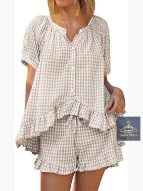 Cotton Gingham Pajama Set Button Down Top & Ruffle Shorts Lounge Wear 2pc